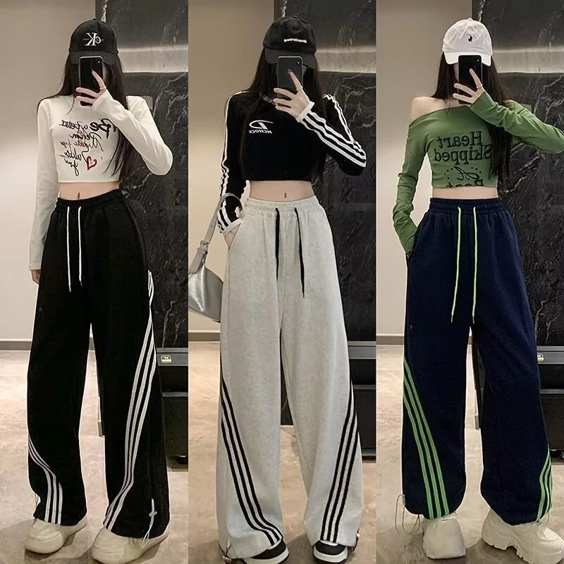 白花灰色美式三条杠阔腿卫裤女新款垂感直筒拖地百搭长裤子春秋潮