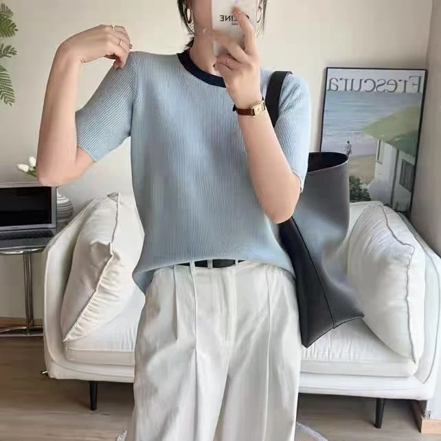 1761蓝色 冰丝女短袖圆领纯色抽条女装针织衫夏季薄款T恤3023