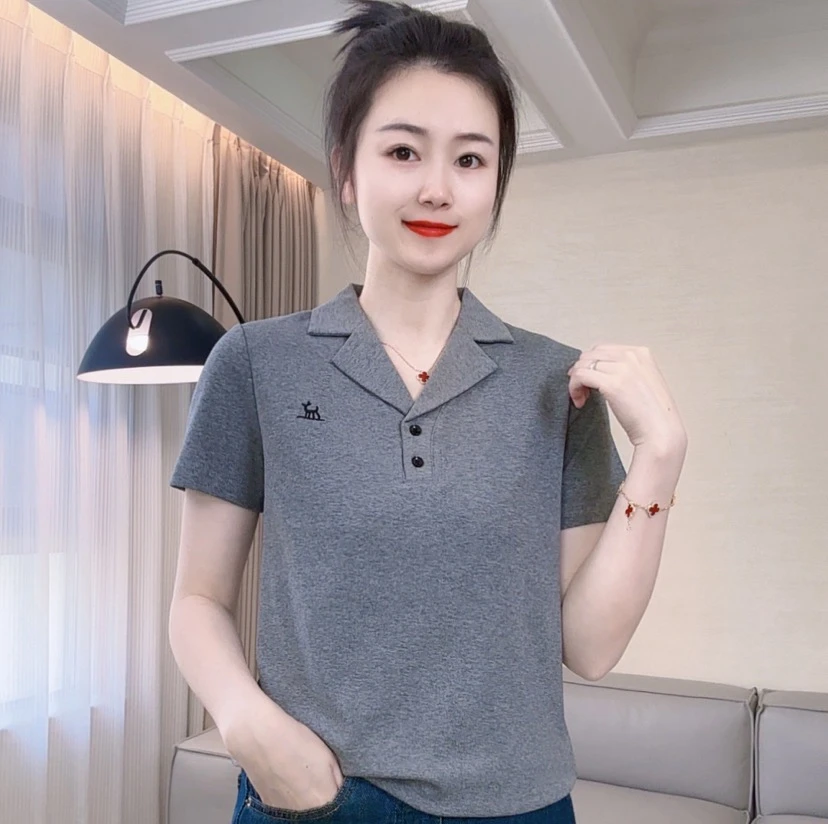 夏季新款衬衫拼色开领短袖T恤时尚百搭气质显瘦休闲女士简约上衣