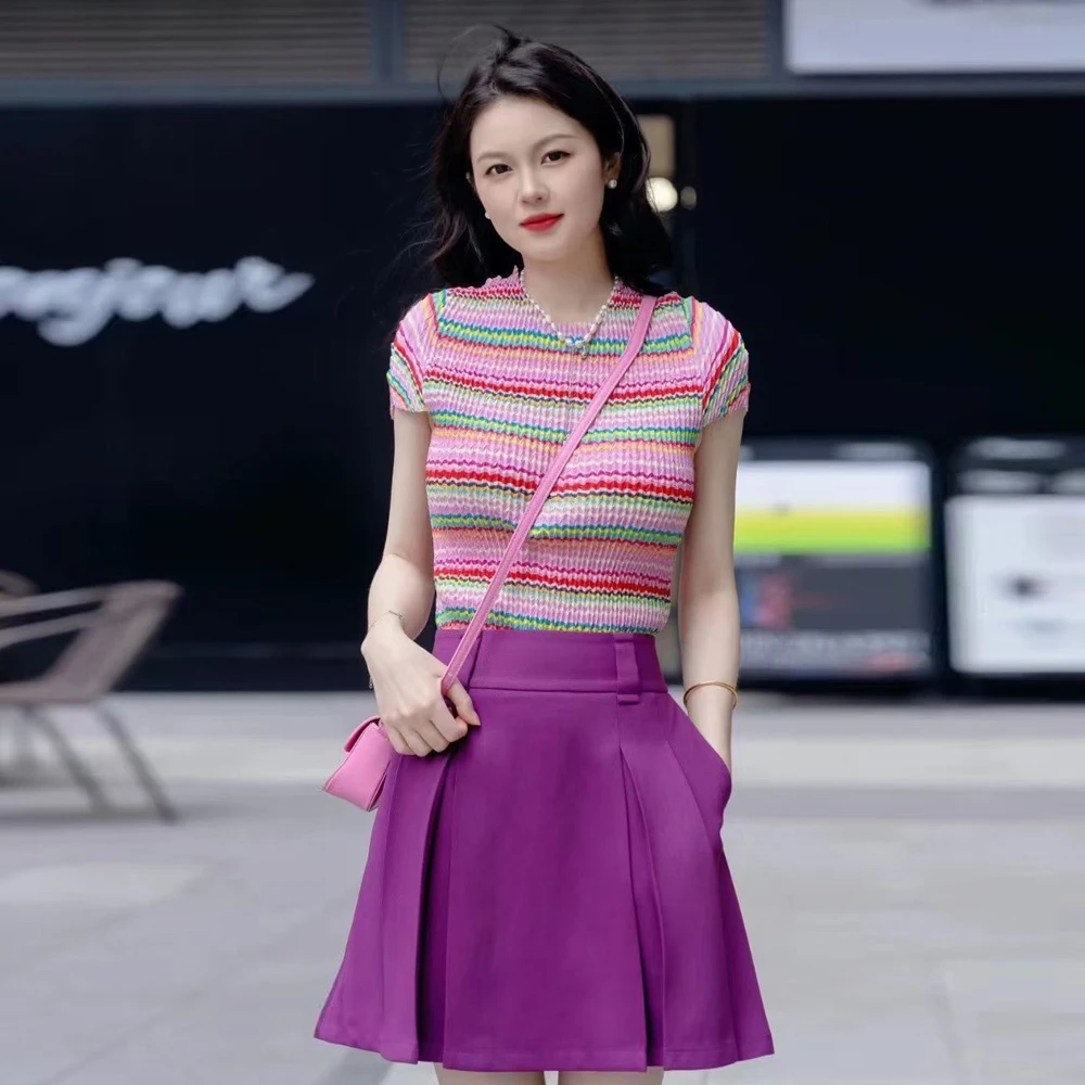 【专柜品质】夏装圆领修身弹力褶皱设计套头短袖衫女1300706