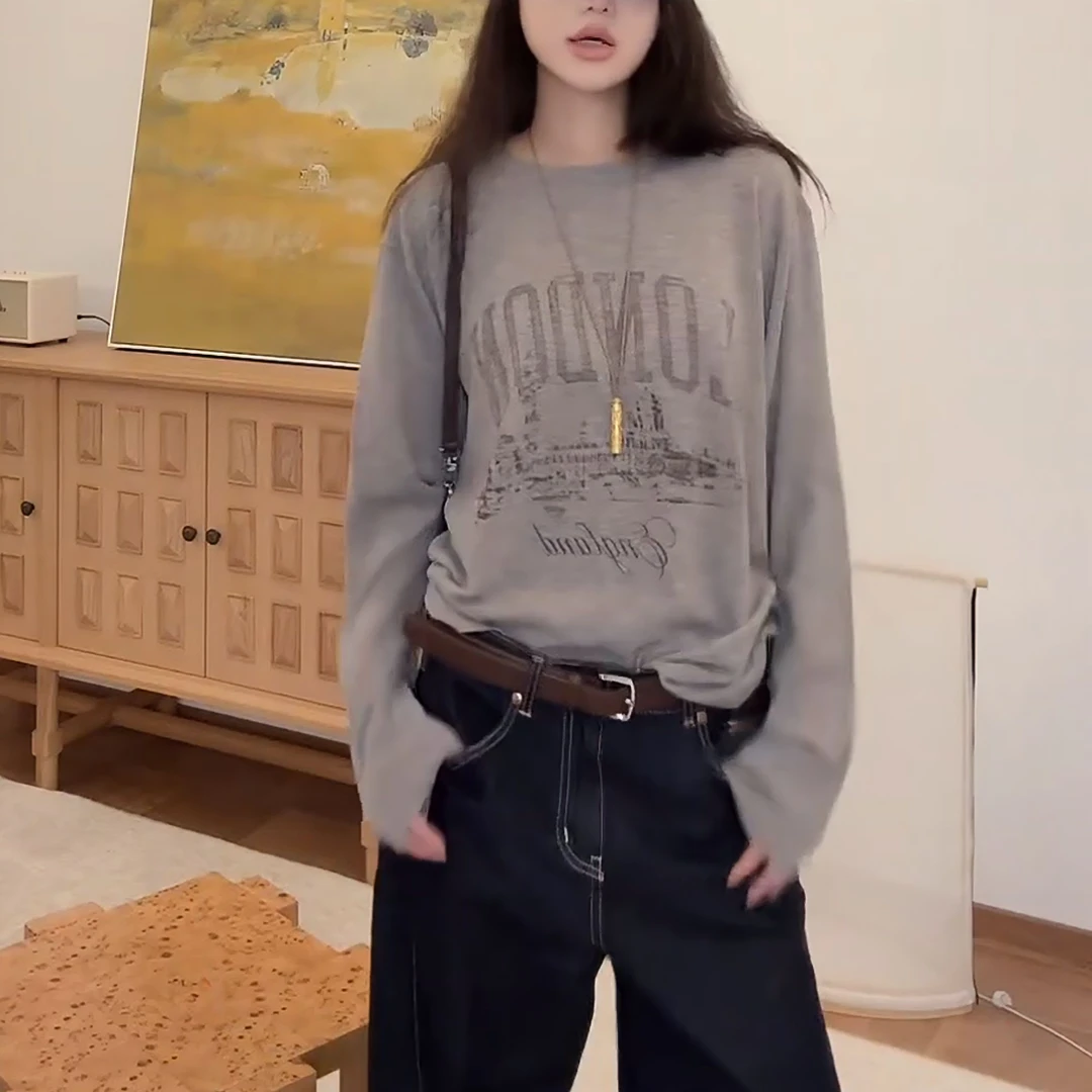 秋冬简约新款复古率性街头做旧字母印花针织长袖上衣LK2507132