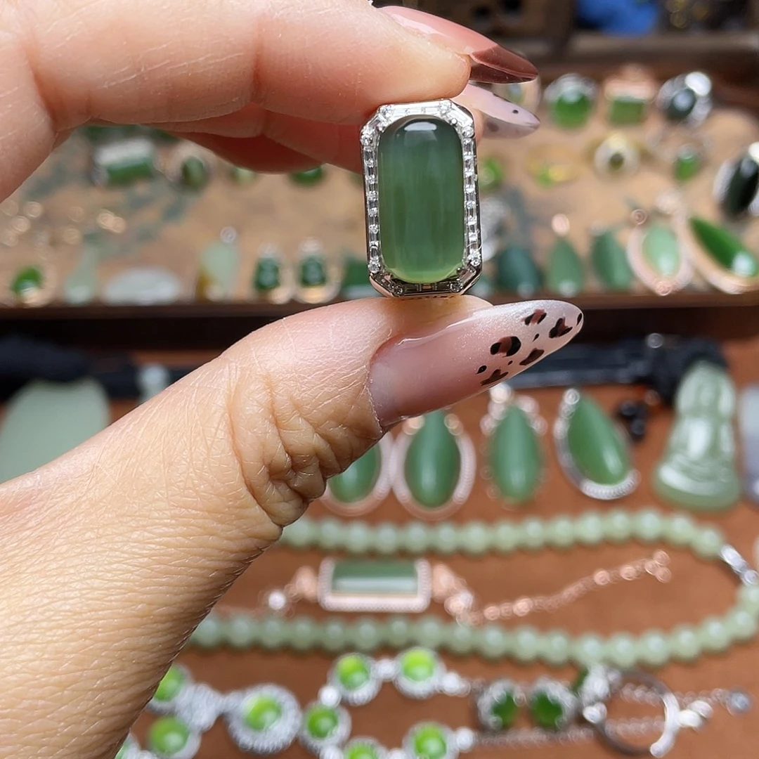 和田玉（碧玉）银S925镶嵌吊坠(不含链)戒指