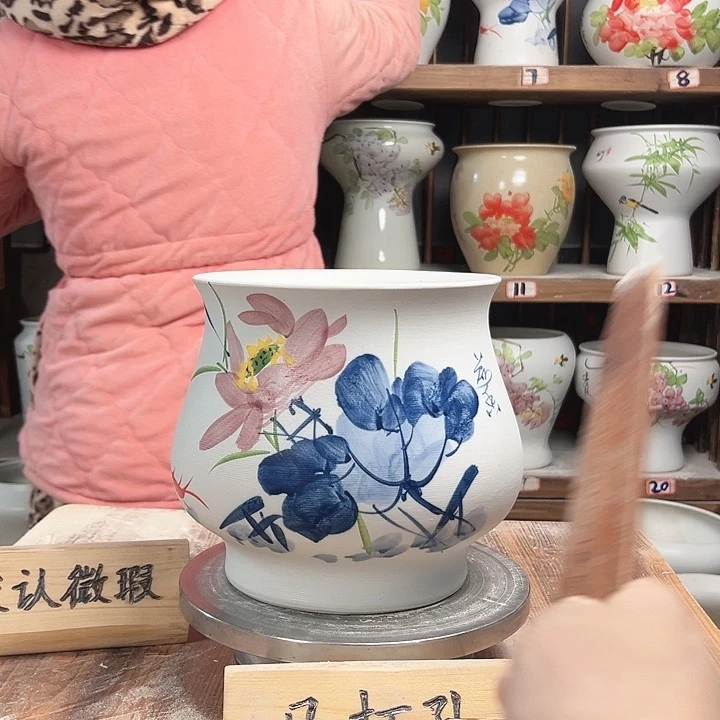 摆件高20口20青花荷花陶瓷新款陶瓷