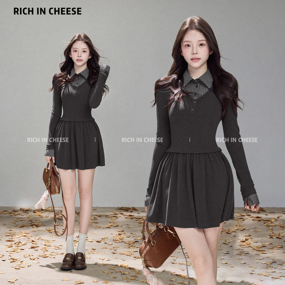 金川川 私立女高【少量现货】 韩系秋冬学院风针织假两件收腰连衣裙