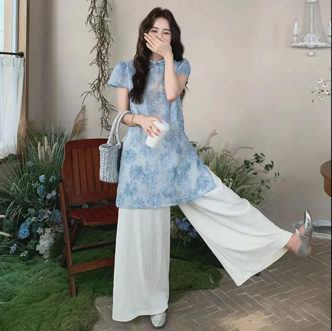 【运费险+现货】新中式旗袍式上衣国风短袖+高腰阔脱裤两件套