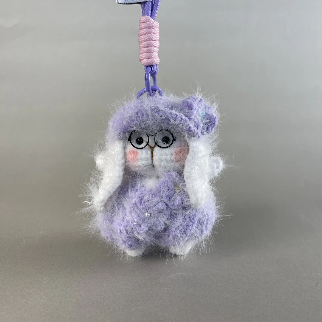 紫色水貂毛贝雷帽糖糖兔挂件纯手工钩织玩偶成品现货挂件摆件礼物