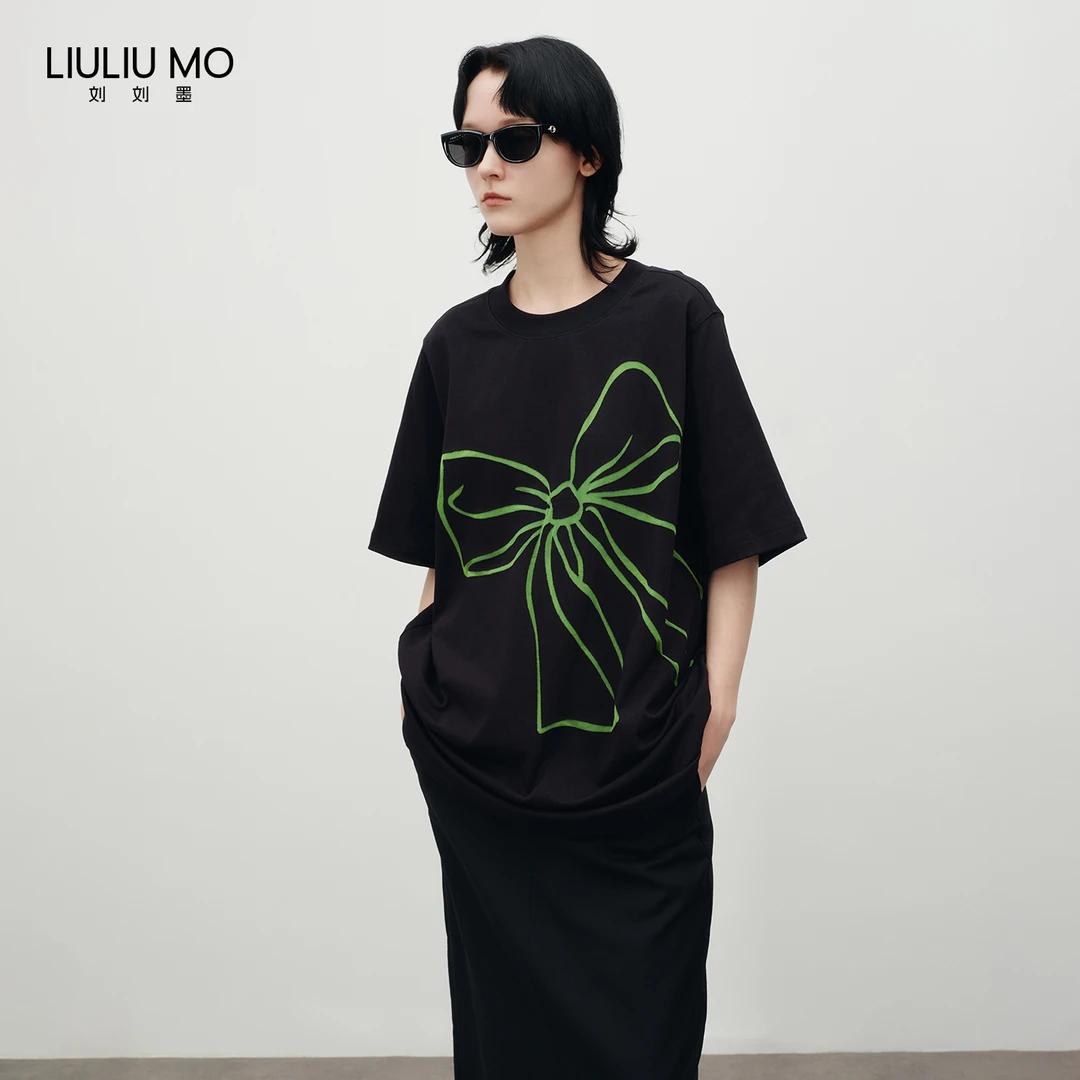 刘刘墨小众设计夏季时尚撞色蝴蝶结烧花宽松潮流休闲百搭圆领T恤