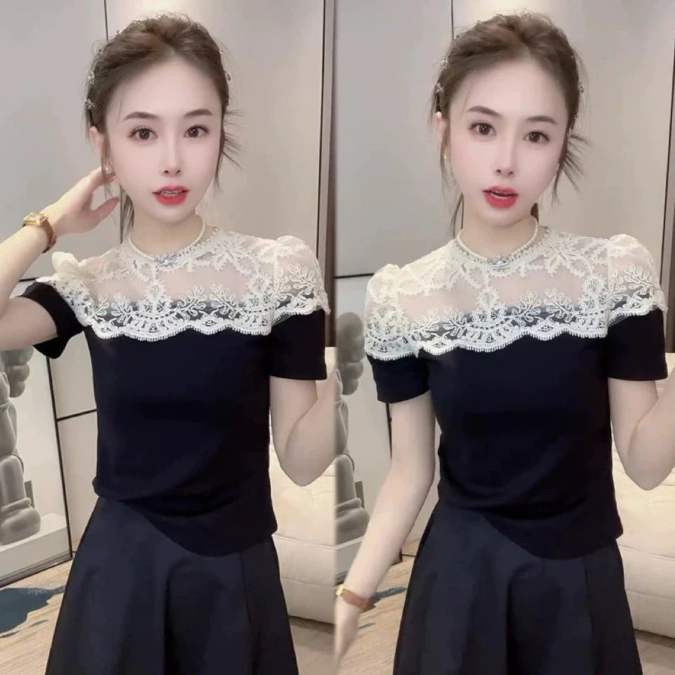 轻奢风绝美蕾丝拼接短袖t恤女2025夏季新款气质设计感韩版娃娃衫