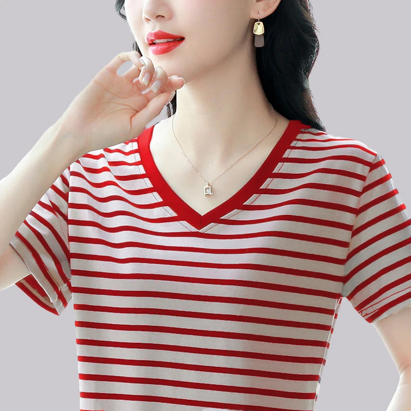 条纹短袖T恤女装夏季2025新款宽松大码显瘦上衣半袖棉质中年妈妈
