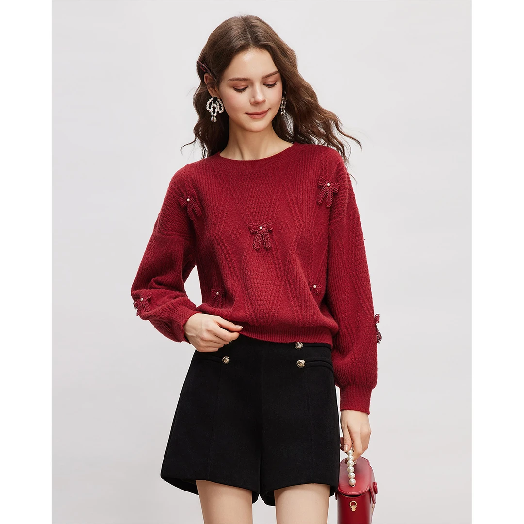 IEF/爱依服2025秋冬新款法式温柔风蝴蝶结设计通勤百搭毛织上衣