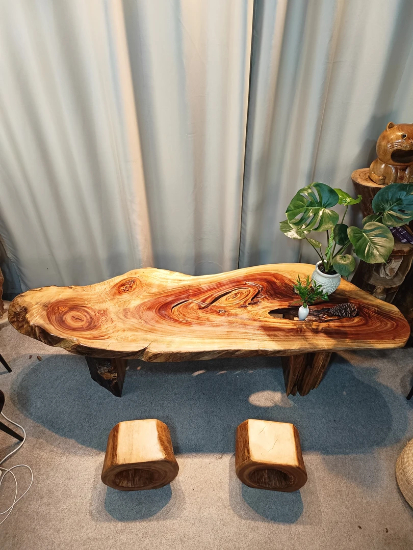 一套香樟木大板茶桌茶台纹理流畅随形茶几姹寂风210*69*51长宽高