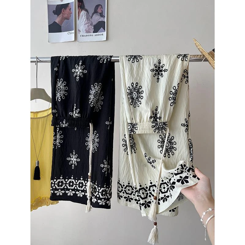 法式复古慵懒冰丝麻棉度假民族风阔腿裤女秋波西米亚松弛感休闲裤