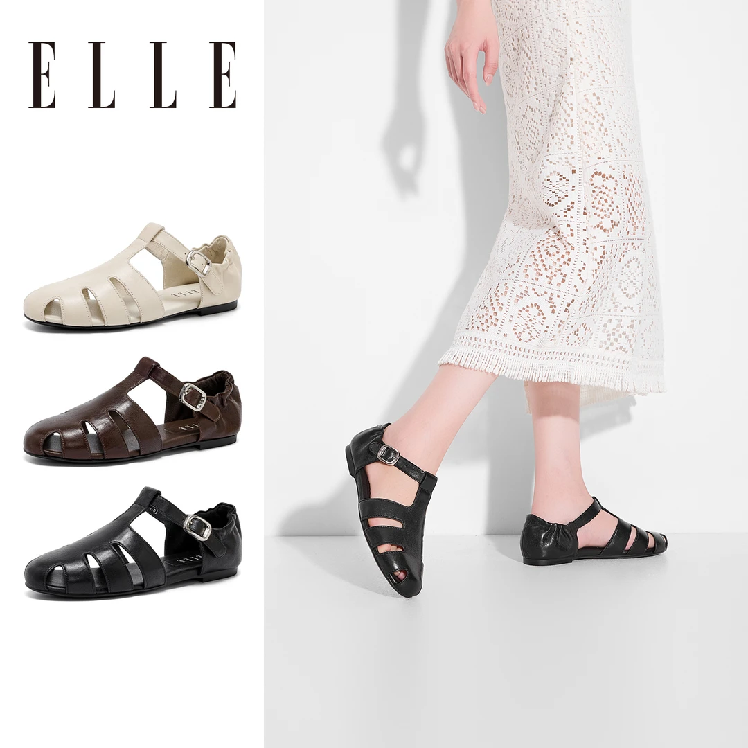 ELLE罗马真皮包头凉鞋女夏季2025新款镂空透气女鞋平底单鞋猪笼鞋