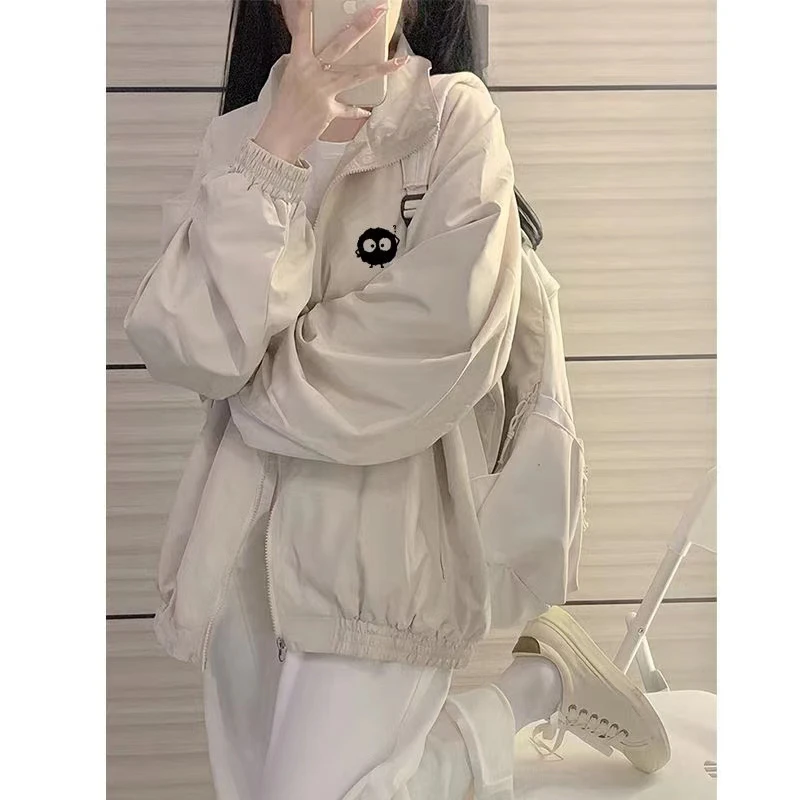 女双层拉链夹克外套宽松刺绣设计感薄款炸街韩版连帽外套
