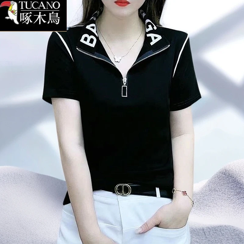 啄木鸟夏季翻领短袖半拉链T恤女2025年新款时尚气质休闲韩版上衣