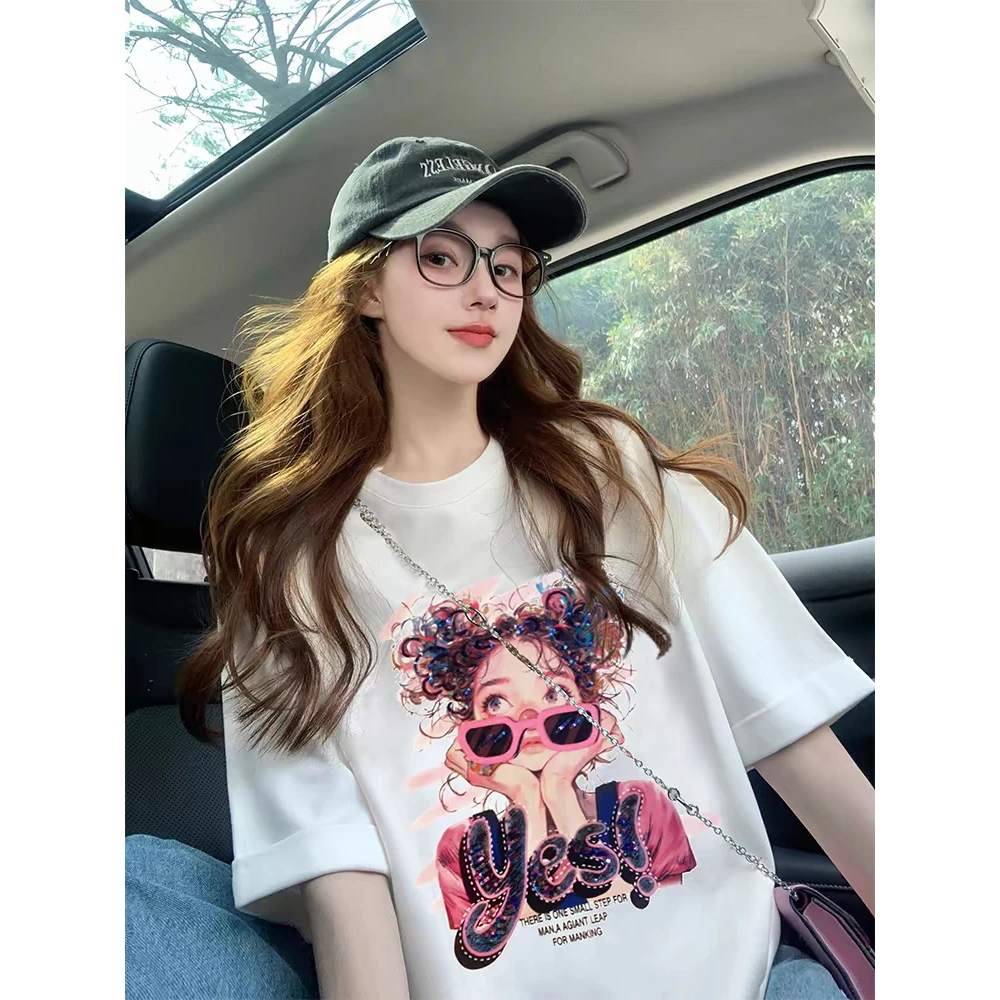 白色卡通女孩短袖t恤女2026新款夏欧货大版洋气oversize美式上衣