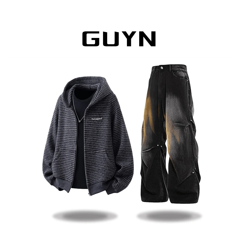【品牌正品现货】GUYN美式复古条纹开衫连帽卫衣男秋季休闲百搭外套