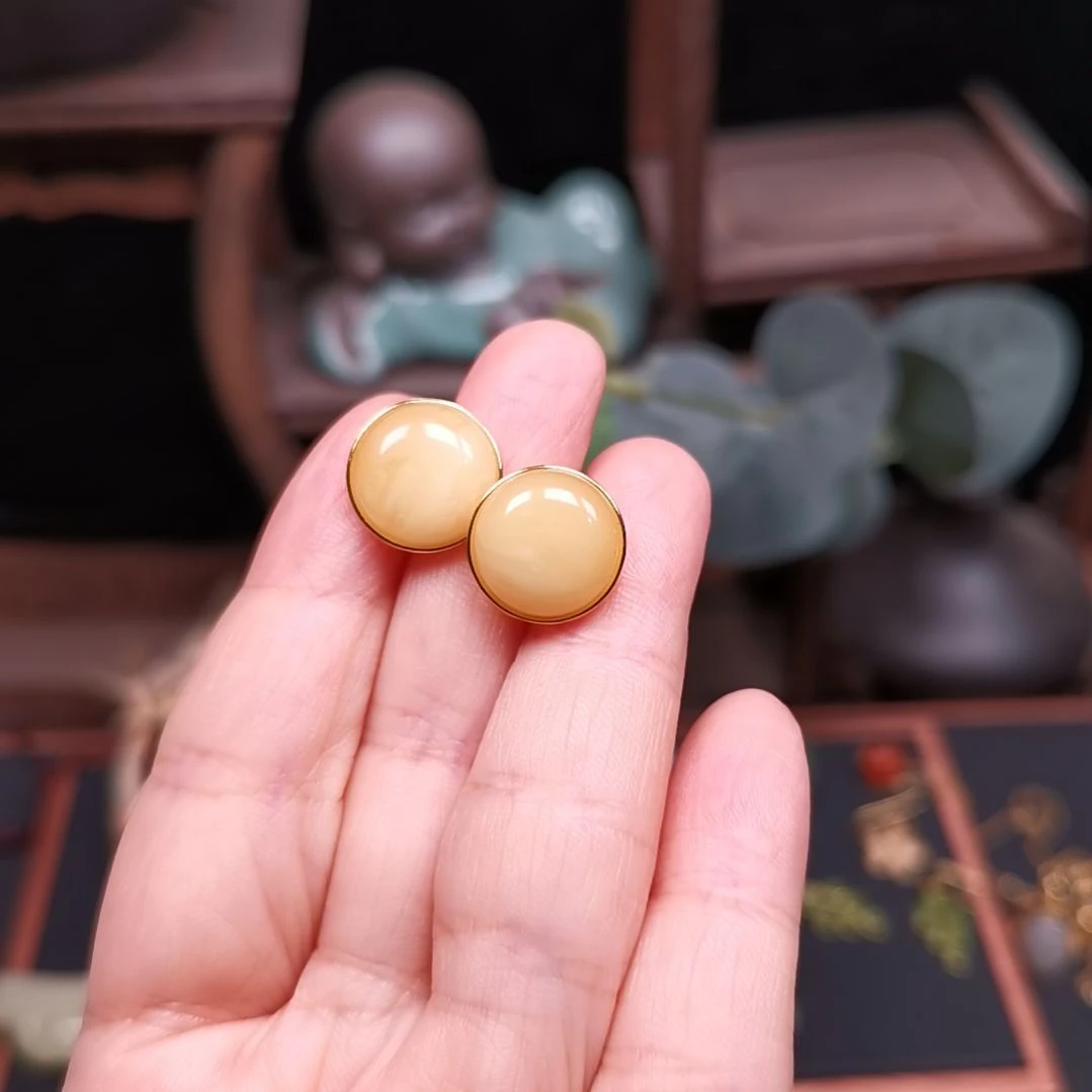 蜜蜡银S925镶嵌耳饰13+