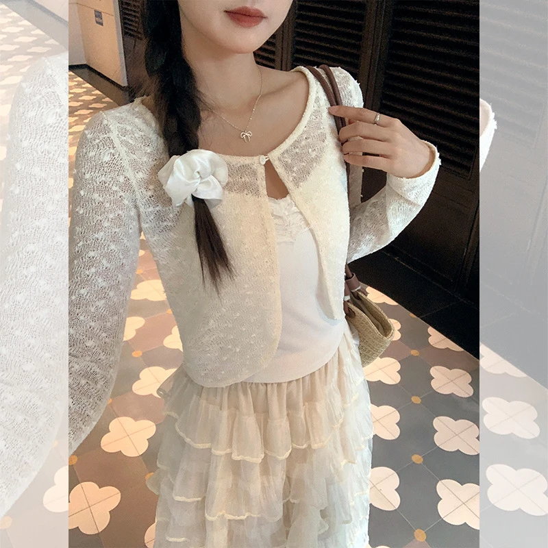 纯欲镂空立体蕾丝网纱长袖t恤女2025年夏季新款开衫防晒罩衫上衣