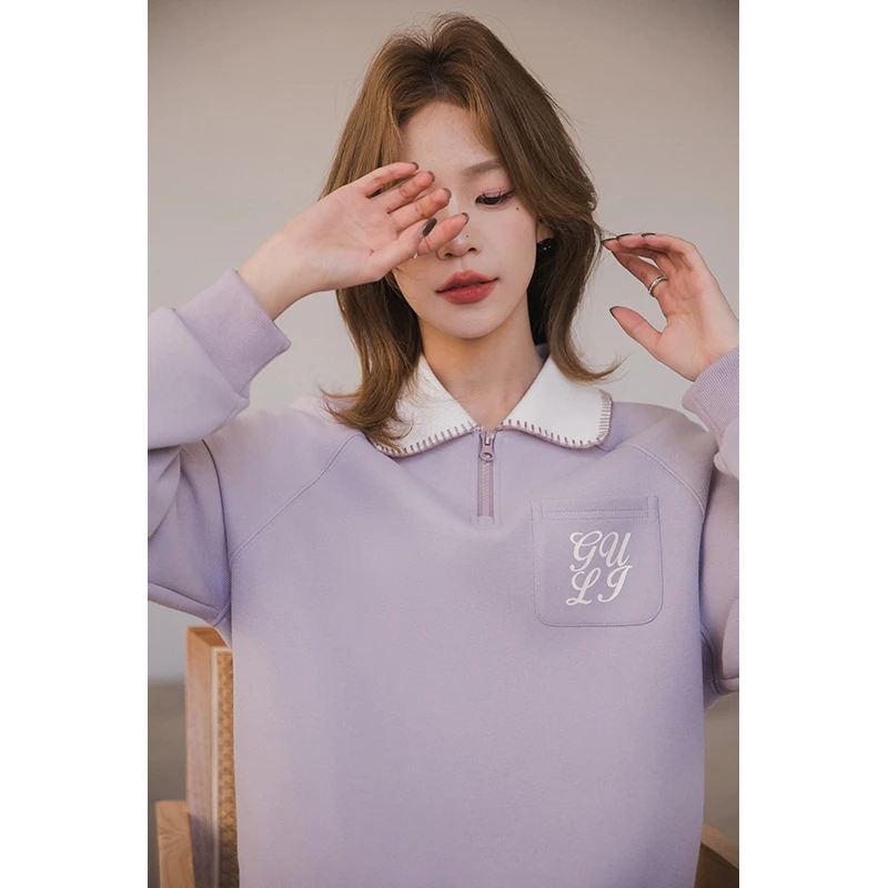 小谷粒梦境卫衣 撞色印花翻领百搭精致翻领半拉链长袖卫衣女休闲