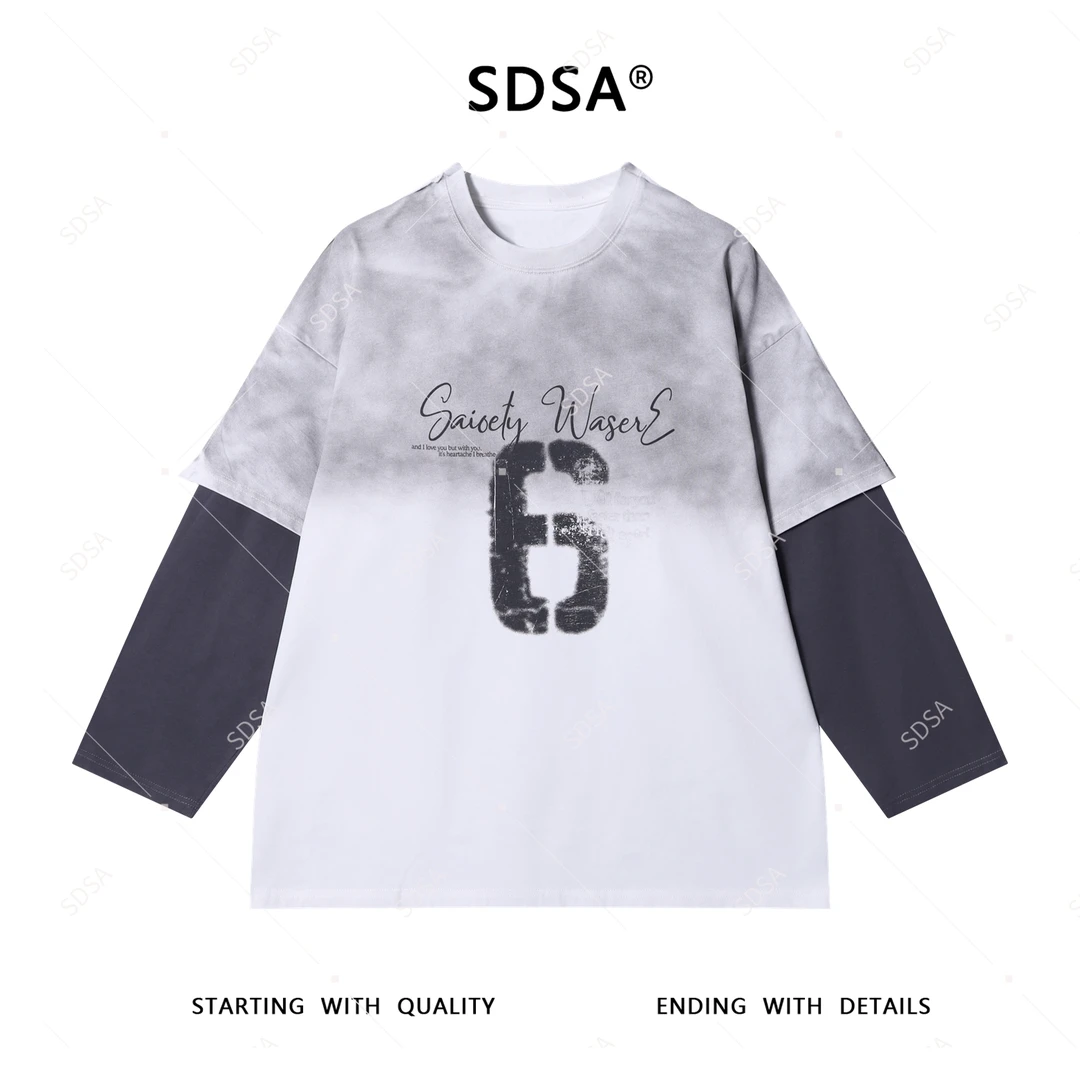 SDSA男士秋冬新款轻奢痞帅男装撞色数字字母印花假两件长袖T恤潮