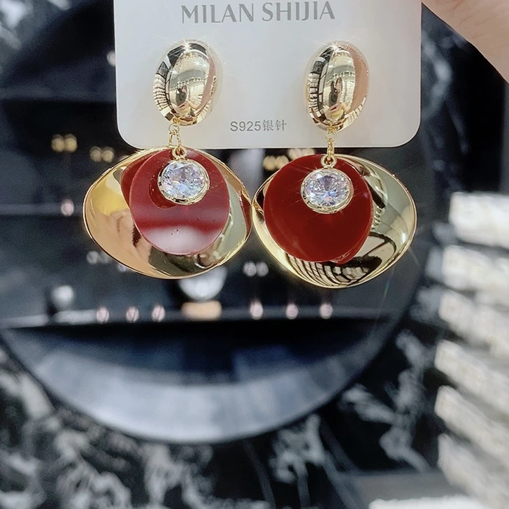 铜合金耳饰 红色气质轻奢金色耳环饰品日韩银色简约几何图案女