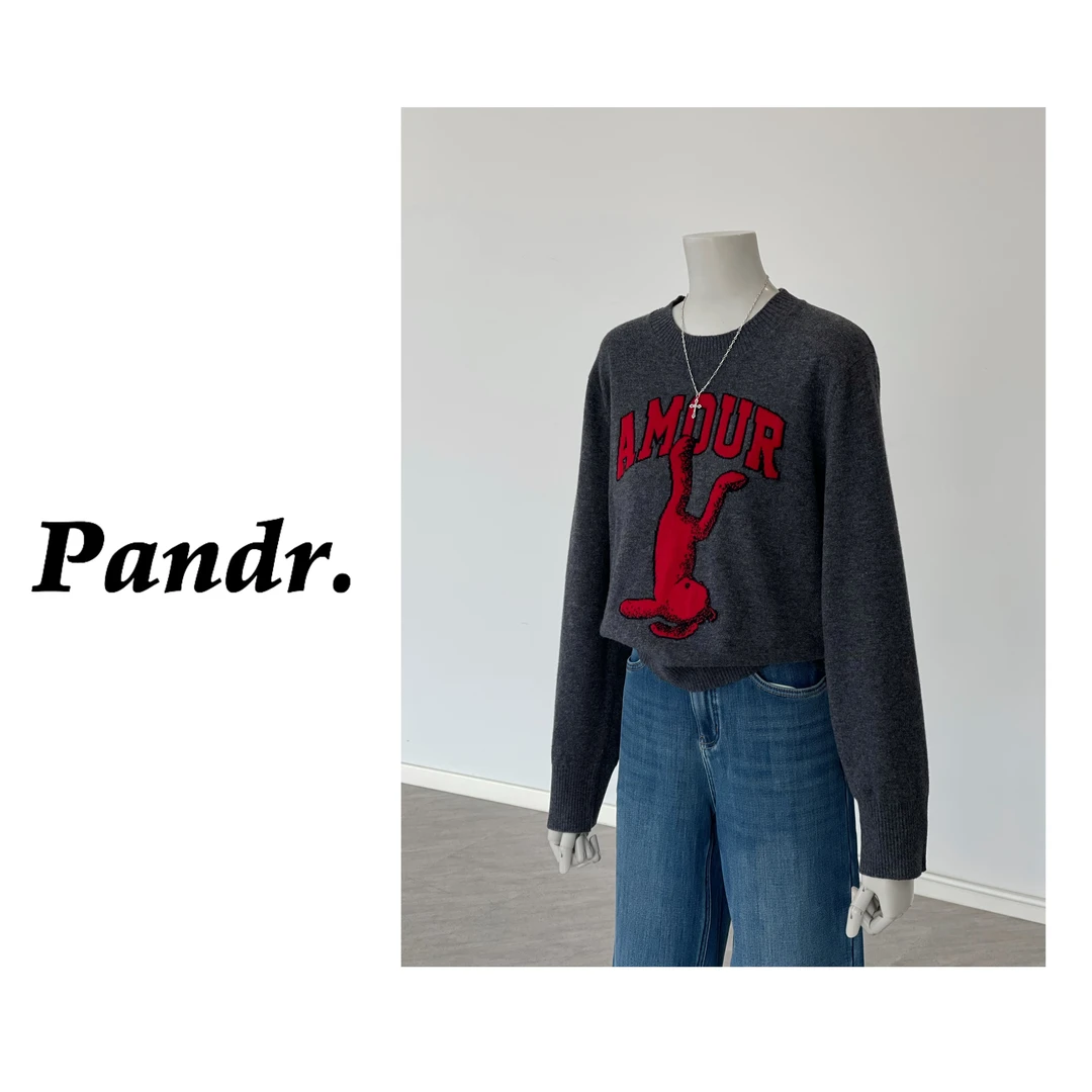 PANDR 倒立熊字母提花套头毛衣韩系冬季圆领减龄宽松休闲针织衫女