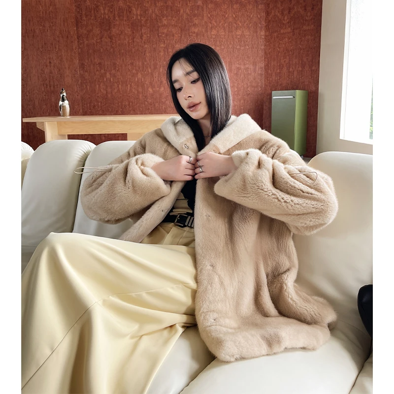 【颖儿】2025新款连帽进口水貂皮草外套女