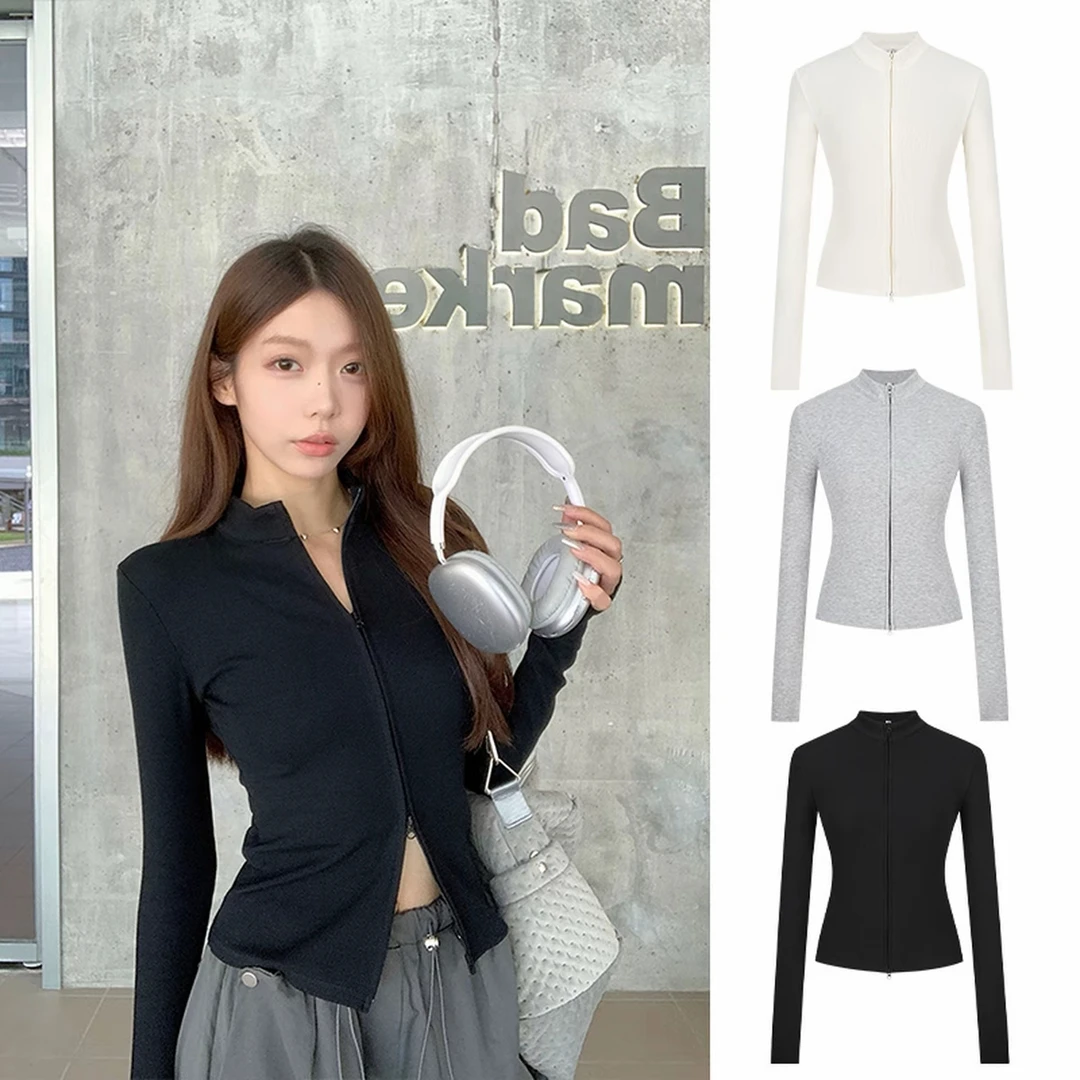 【现货】加绒加厚双拉链立领针织开衫秋冬显瘦外套上衣T90006