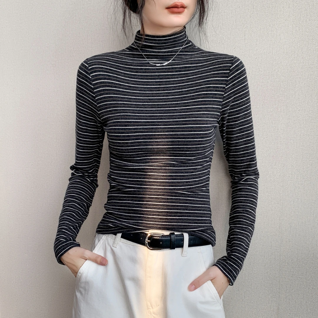 撞色条纹半高领长袖T恤女秋季新款修身显瘦打底衫内搭洋气上衣