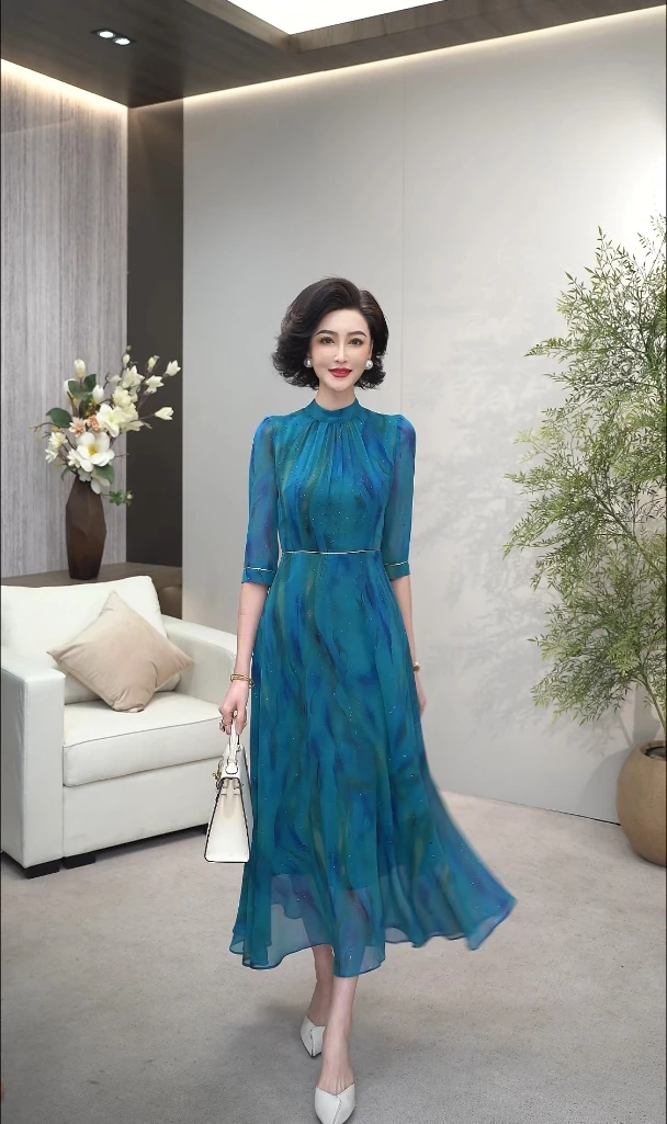 2025夏季新品（蓝溪）高奢定制原创设计油画风立领长款连衣裙WF3263