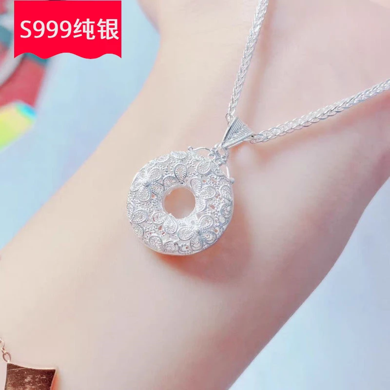 坠链均足银 足银花丝平安扣项链