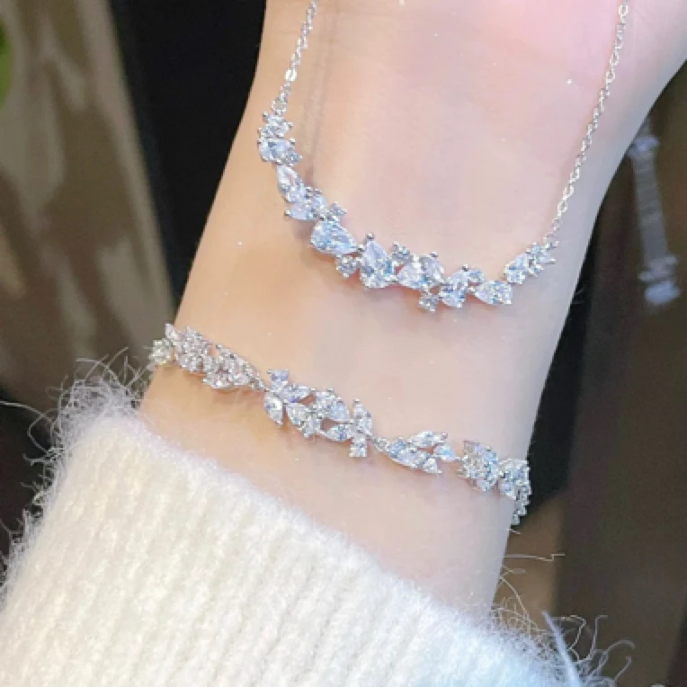 合金锆石手链 紫藤花微笑手链项链套装轻奢精致锆石锁骨链吊坠