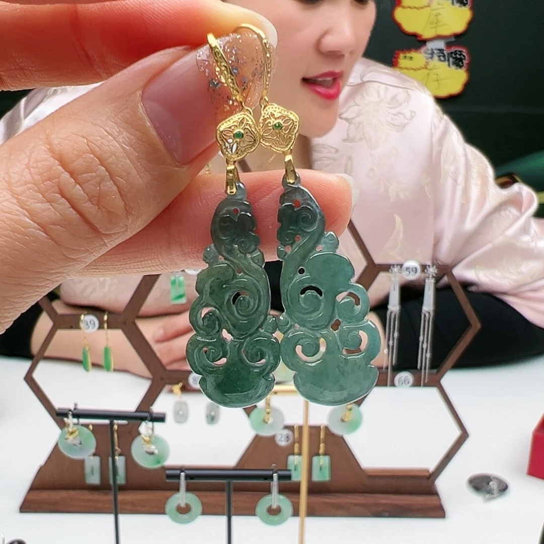 翡翠耳饰18K金镶嵌天然翡翠耳饰18k金镶嵌