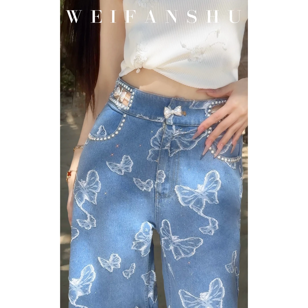WEIFANSHU/魏凡舒【恋蝶】春夏新款设计感显瘦蝴蝶蕾丝拼接牛仔裤