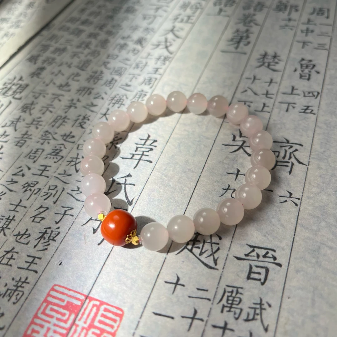【大新珠宝】和田玉藕粉手串 约8mm+南红+18k金 百搭-多样性发一