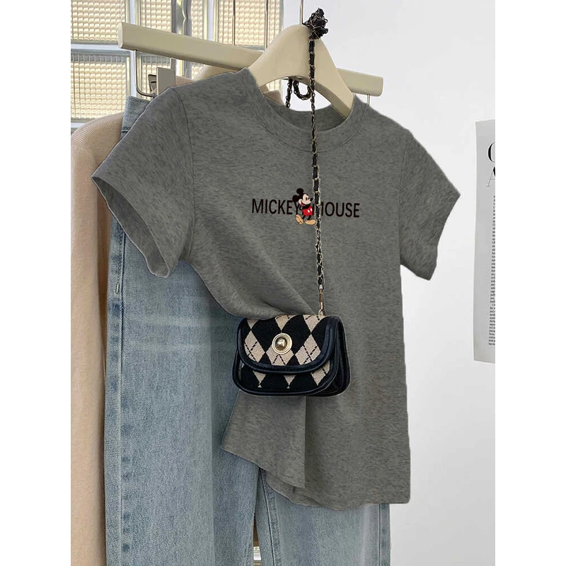 灰色棉质短袖t恤女2025新款正肩圆领体恤夏季修身减龄t恤上衣ins