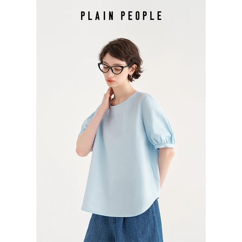 PLAIN PEOPLE通勤休闲收褶泡泡短袖圆领简约上衣女2025夏新款