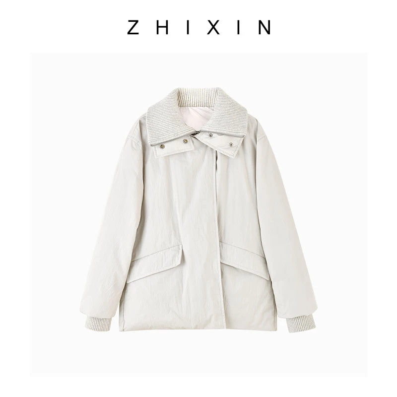 ZHIXIN假两件毛线拼接灰白保暖女士百搭时尚冬季羽绒服外套女款