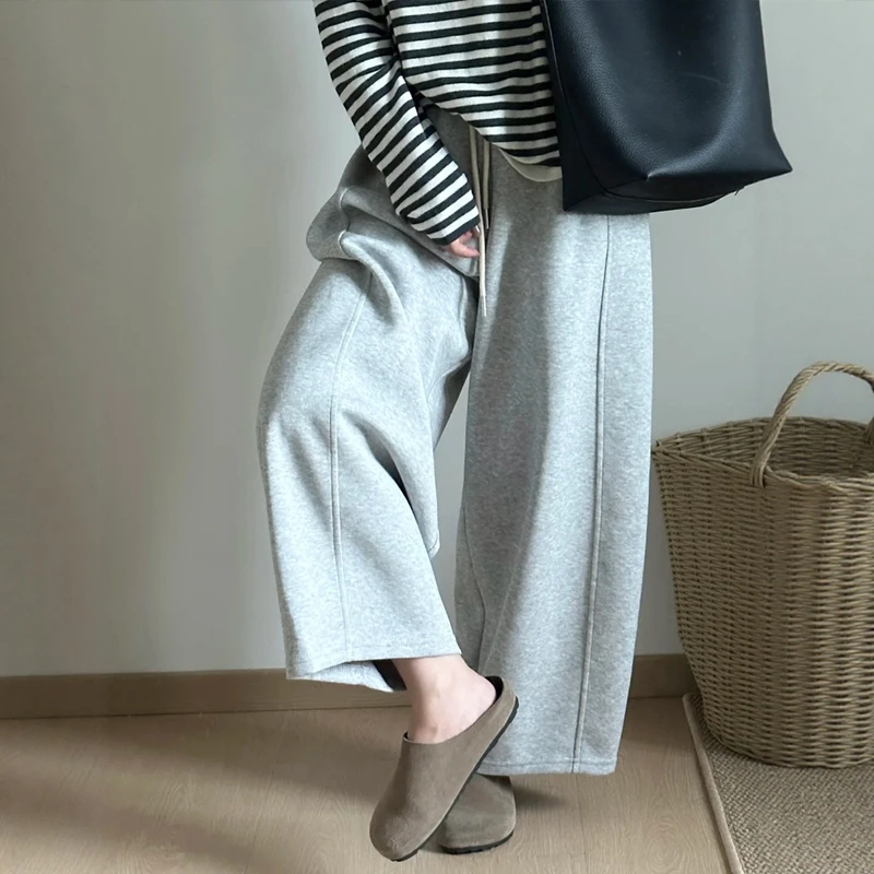 灰色阔腿弯刀运动卫裤女秋冬新款加绒小个子休闲裤宽松流行九分裤