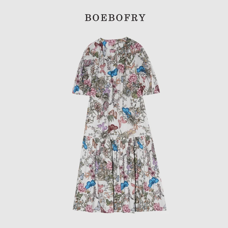BOEBOFRY<花丛蝶影>圆领法式气质轻奢欧若风宽松连衣裙BE2L0811