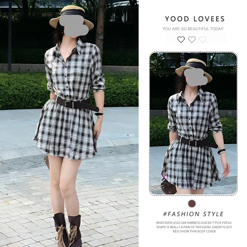 法式高级感格子百褶连衣裙女夏季2025新款气质收腰显瘦百搭衬衫裙
