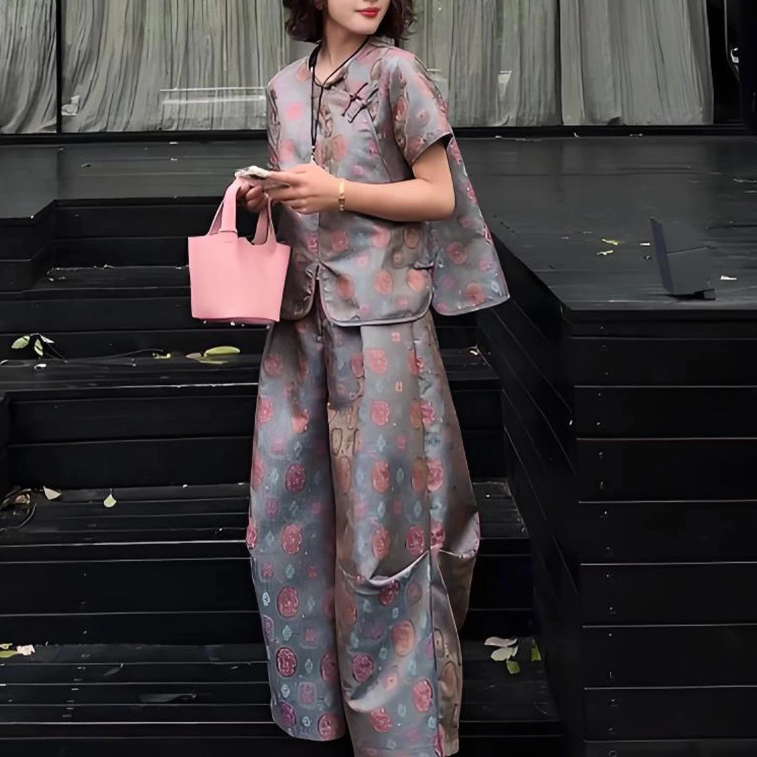 2025新款夏日绝美穿搭宽松新中式国风盘扣印花上衣阔腿裤两件套装