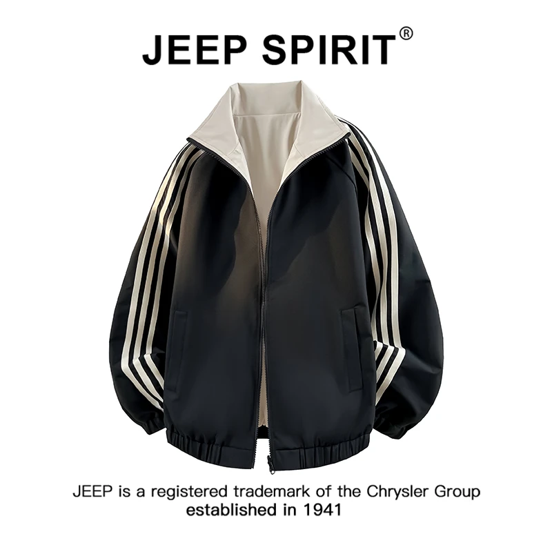 JEEPSPIRIT吉普潮流撞色条纹双面穿夹克男春秋季港风休闲宽松外套