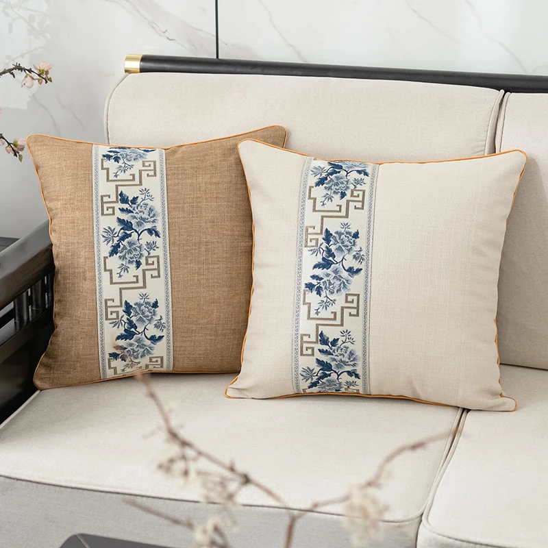 新中式抱枕套棉麻轻奢提花织带床头靠枕客厅红木靠垫靠背沙发抱枕