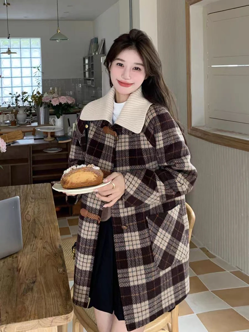 【深圳金爷】中长款双面绵羊毛外套女装气质时尚百搭格子双领