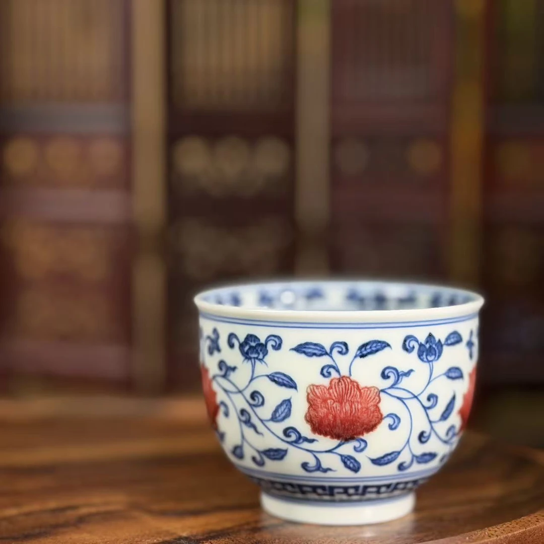 屹朴青花釉里红四时花缠枝莲杯YP099纯手工手绘陶瓷