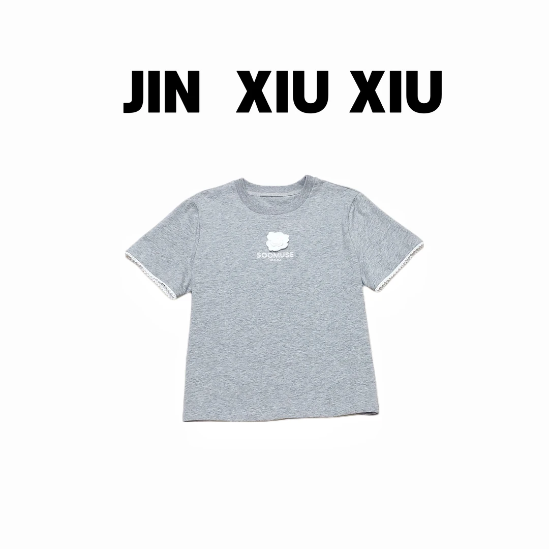 JINXIUXIU夏季新款立体小花字母蕾丝拼接百搭韩系甜美短袖T恤534