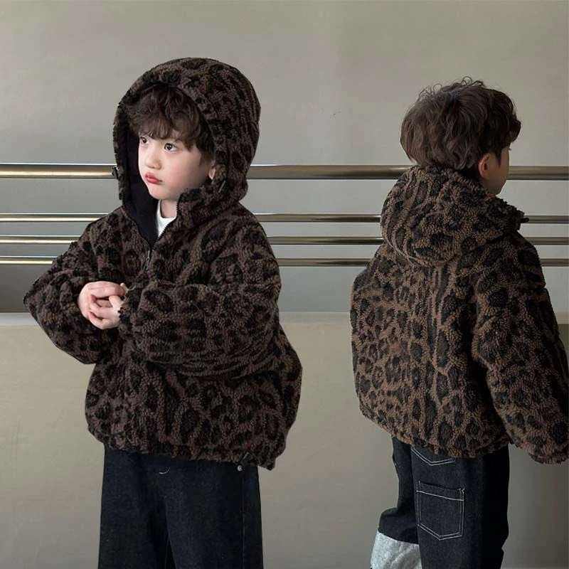 儿童豹纹加绒加厚外套男童女童冬季新款连帽棉服宝宝保暖毛毛上衣
