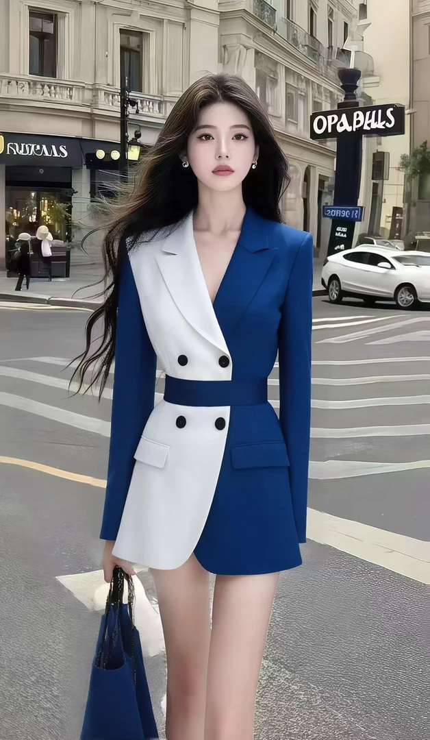 秋季新款高端大气高级感通勤拼接撞色V领设计感收腰长袖修身外套